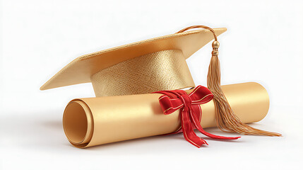 Golden graduation cap and diploma scroll on white background