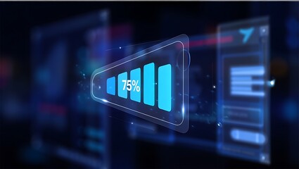 Futuristic battery icon showing 75% charge, abstract technology