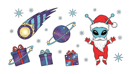 Cosmic Holiday Cheer: A whimsical illustration combines the magic of space with the festive spirit of Christmas, featuring a Santa-clad alien amidst celestial elements like a comet, planets. © Abu