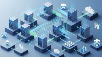 Isometric illustration of interconnected servers showcasing cloud computing and data flow