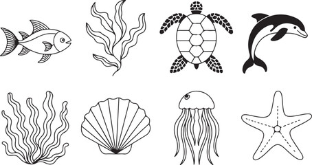 Ocean creatures and plants outline icon set, marine wildlife