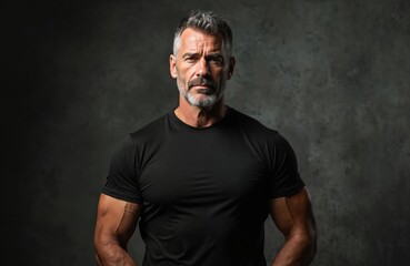 Strong mature man poses in studio. He wears black t-shirt against dark background. The portrait shows confidence with a serious look and muscular arms.