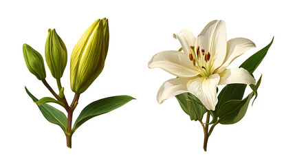 White lily flower and green buds isolated on white background