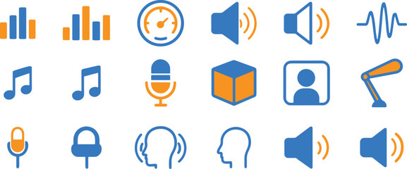 Set of audio and sound vector icons in modern flat style for web and graphic design UI or UX Kit
