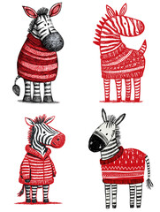 Obraz premium Whimsical illustration of zebras dressed in cozy red winter sweaters. Great for holiday prints, children’s artwork, playful animal designs, greeting cards, and festive creative projects.