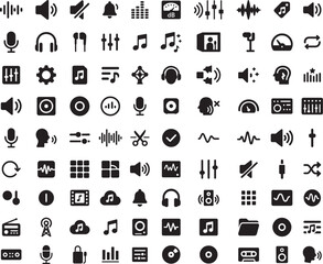 Set of music and audio icons in solid style, collection of simple symbols such as speaker, microphone, musical note