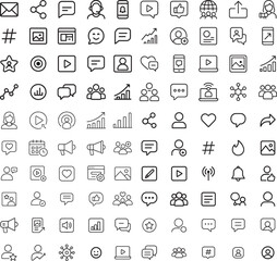 Set of social media and communication icons in outline style, collection of simple symbols such as message, share