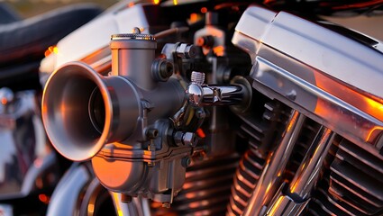 Close-up of shiny chrome motorcycle engine and carburetor detail