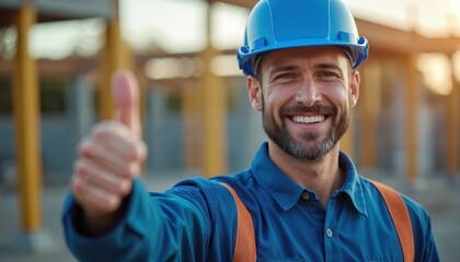 Happy construction worker smiles gives thumbs up. Man in blue uniform hard hat shows positive attitude. Builder shows gesture on construction site. Teamwork safety.