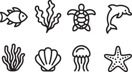 Marine life outline icons set: fish, seaweed, turtle, dolphin
