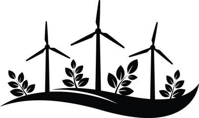 Black and white illustration of wind turbines on a rolling landscape with foliage