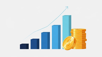 Financial growth illustration showcasing rising bar graph and golden coins, indicating positive