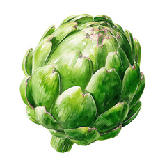 Fototapeta premium Watercolor a fresh, vibrant green artichoke isolated on a clean transparent background, showcasing its intricate petal layers and stem