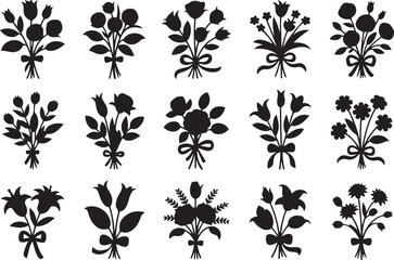A collection of eighteen black silhouette illustrations of various flower bouquets, some tied with ribbons. Vector black silhouette. with white background