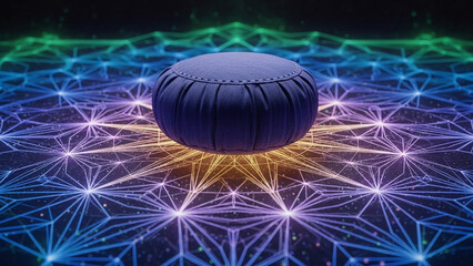 Meditation cushion (zafu) floating on glowing geometric patterns.