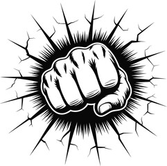 Powerful fist punch breaking through surface with cracked effect