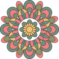 Retro colorful flower power motif pattern design, vintage style.