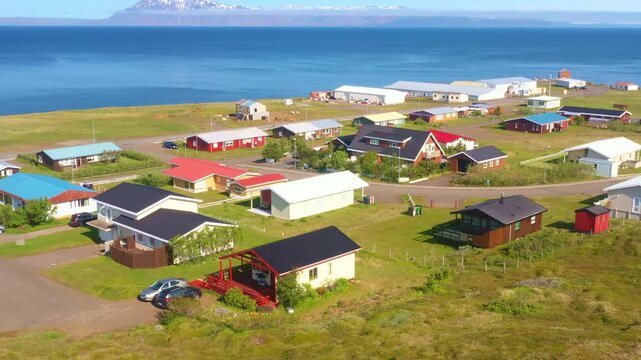 Panoramic view of small town of Bakkafjor&eth;ur, Atlantic coast, north east Iceland