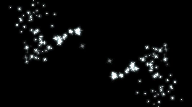 Twinkling glitter stars line animation with glowing sparkle explosion overlays. white twinkling particles,  fairy dust wand glitter trail, magic sparkles shine effect on black screen, 4K loop video