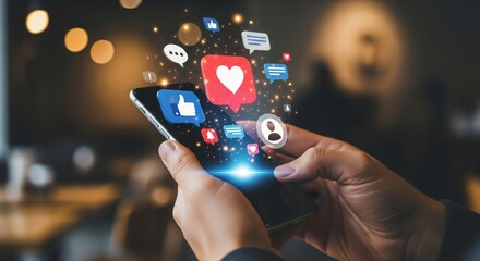 Hand Using Mobile Smartphone with Glowing Social Media Icons and Digital Notification Symbols for Marketing Concept Represents Online Communication and Global Network
