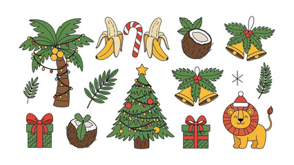 Tropical Christmas: Embrace the festive season with a touch of tropical flair, featuring iconic symbols like a Christmas tree, gift, and a charming lion, alongside exotic elements like a coconut.