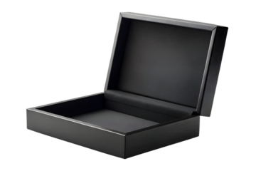 A sleek, open black rectangular box, perfect for storing small items, presented on a clean white background, showcasing its elegant design