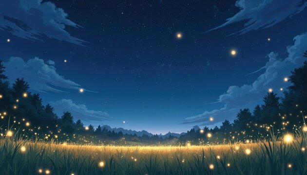 Grass field with fireflies glowing in the dark. Night sky with stars. Trees in the background. Peaceful and serene atmosphere. Calm landscape. - Powered by Adobe