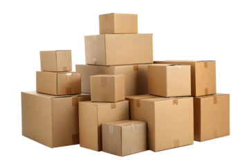Pile of stacked cardboard boxes ready for shipping and storage, various sizes and configurations, perfect for logistics and moving