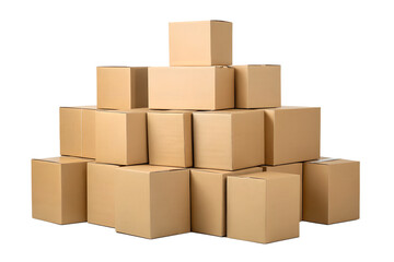 Obraz premium A neatly organized pyramid of various sized brown cardboard shipping and storage boxes, ready for logistics, isolated on a pristine white studio background