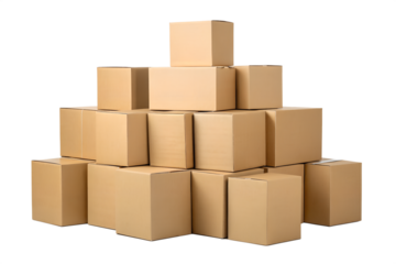 A neatly organized pyramid of various sized brown cardboard shipping and storage boxes, ready for logistics, isolated on a pristine white studio background