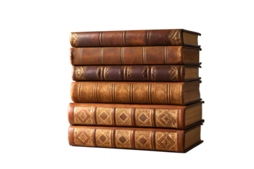 Stacked vintage leather-bound books on a white background, perfect for illustrating themes of education, knowledge, history, and literature