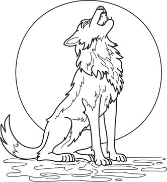 wolf and moon vector illustration, outline on a white background, coloring page