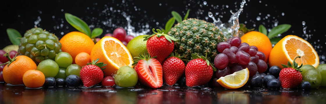 Various fresh fruits with water splashes composition on black surface. Oranges, strawberries, grapes, lime, pineapple. Healthy vibrant food ingredients full of vitamins. Diet nutrition wellness - Powered by Adobe