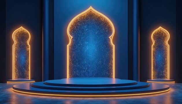 Blue Islamic stage podium with golden archway and sparkles. Modern design for Ramadan, Eid, or Muslim events. Festive night theme, elegant presentation. - Powered by Adobe