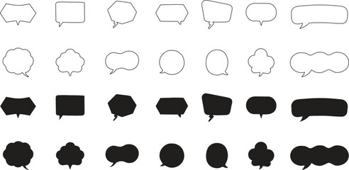 Minimalist comic speech bubble set. Hand-drawn outline and solid silhouette dialog shapes. Perfect for graphic design, stickers, and digital illustration projects.