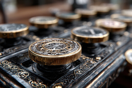 Intricate gold and black vintage cash register with ornate detailing featured in a retail setting - Powered by Adobe