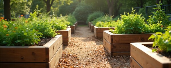 Raised wooden garden beds full of plants line path. Public green space sustainable gardening area. Urban eco friendly park offers community horticulture. Natural landscape features timber structures