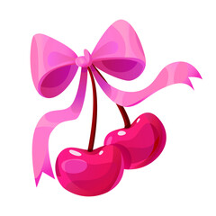 Red Cherry with Coquette Bow Isolated on a White Background. Valentine Clip Art. Love and Romance Concept. Vector Cartoon Illustration.