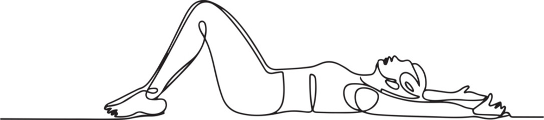 Obraz premium Continuous vector line art of fitness woman with Plow Pose stretch, Lying on her back on the floor. one line Icon drawing