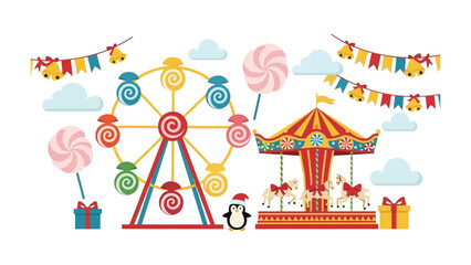 Carnival of Delights: A vibrant and whimsical carnival scene unfolds, showcasing a colorful Ferris wheel, carousel, festive decorations, and playful candies. © Tahura