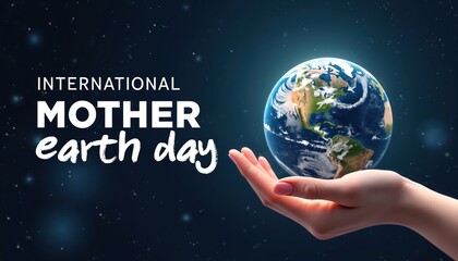 Illustration for International Mother Earth Day concept. Female hand gently holds planet earth against a cosmic background. Celebrate environmental protection saving Earth nature.