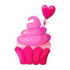 Cupcake with Pink Cream Isolated on a White Background. Valentine Clip Art. Love and Romance Concept. Vector Cartoon Illustration.