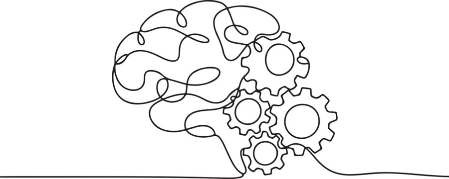 continuous line drawing of big human brain and gears. one line Icon drawing