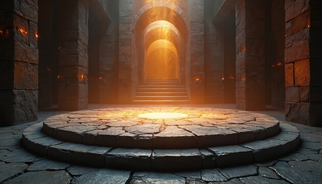 Ancient dark stone chamber features circular stone platform. Central golden light glows brightly. Arched passages lead to staircase bathed in divine radiance. Rough rock walls, massive pillars create
