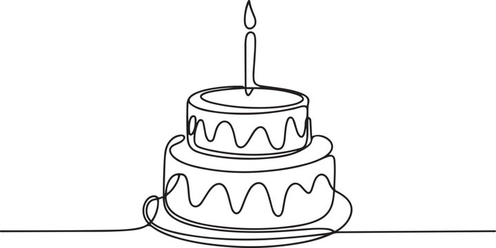 Birthday cake in continuous line art drawing style. Large three-layer holiday cake with candle on the top. Black linear sketch isolated. one line Icon drawing