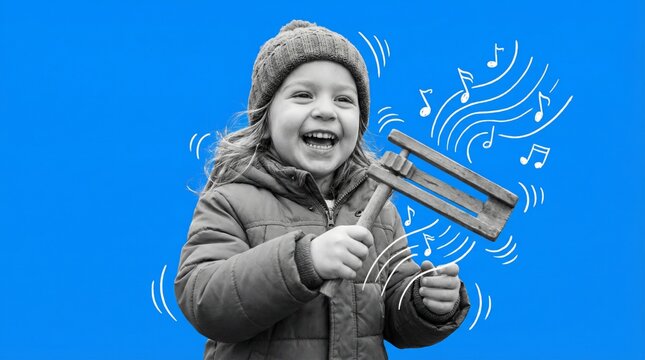 Happy child holding wooden grogger for Purim holiday concept on blue background