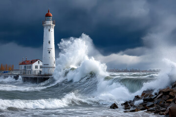 Obraz premium Lighthouse battered by huge waves during a storm