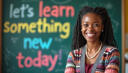 Smiling Black woman teacher stands near chalkboard with colorful text lets learn something new today. She wears a pearl necklace and patterned cardigan. Education, inspiration, knowledge sharing.