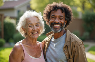 Smiling multiracial seniors pose happily outdoors in backyard setting. Black man, white woman enjoy time together, radiating warmth, good cheer. Genuine smiles show strong friendship, shared moments