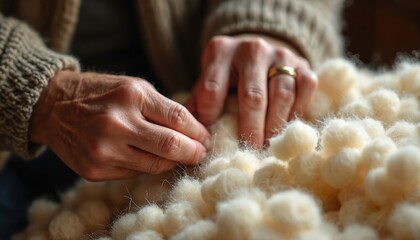 Hands carding raw fleece. Process of preparing wool fibers for spinning. Senior artisan performs traditional craft. Golden ring on finger. Closeup on soft natural material textile surface.